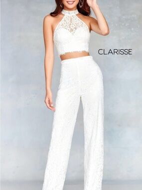 Clarisse White Lace Halter Crop Top with Wide-Leg Jumpsuit